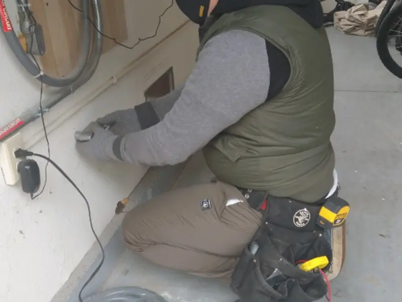 Electrician performing outlet wiring in a Madill garage